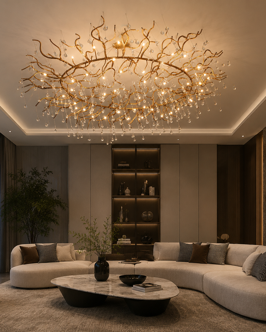 The Trendil Chandelier by The Qratist features handcrafted brass branches adorned with suspended glass droplets, creating a sculptural statement inspired by dew covered tree branches.