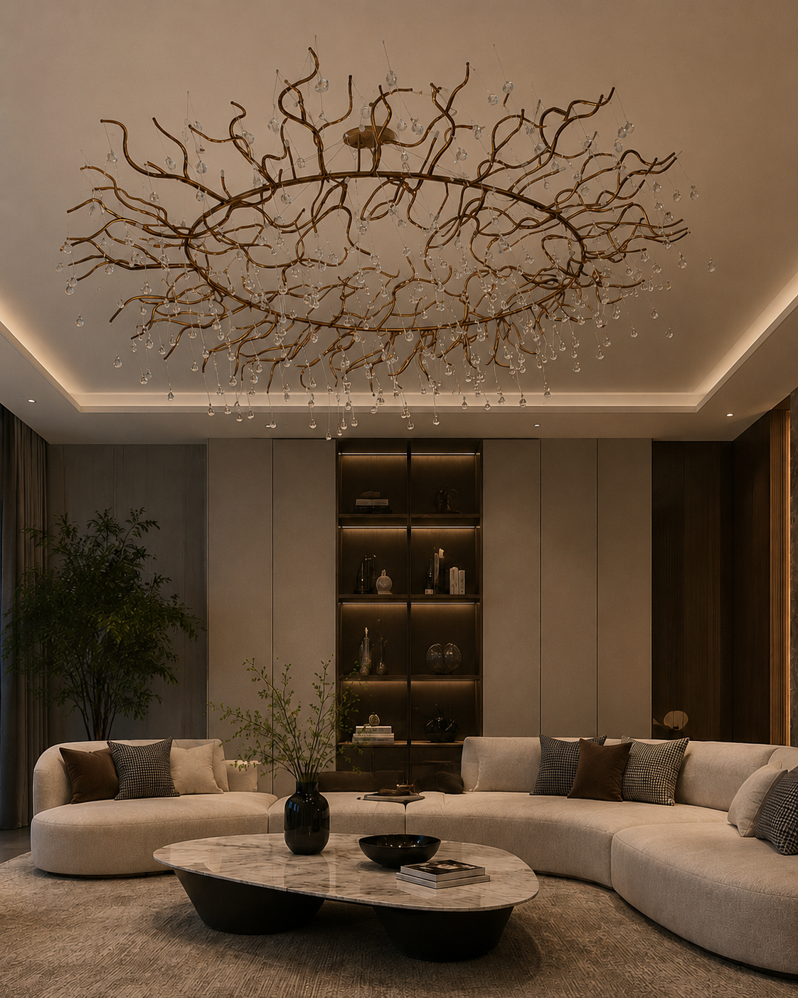 The Trendil Chandelier by The Qratist features handcrafted brass branches adorned with suspended glass droplets, creating a sculptural statement inspired by dew covered tree branches.