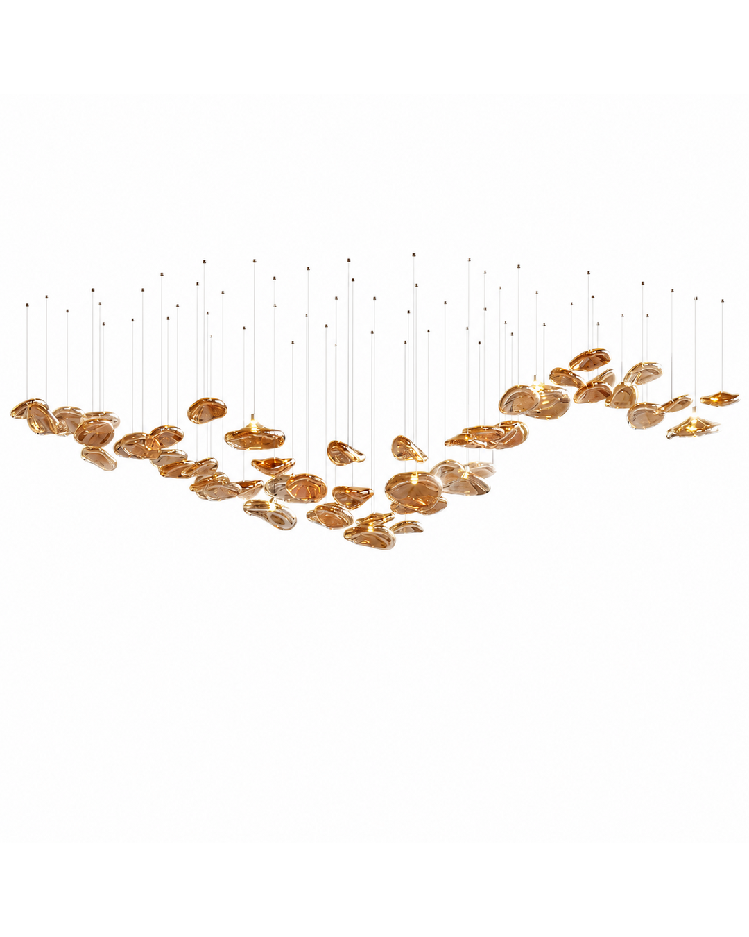 The Veil chandelier by the Qratist features suspended rose gold glass elements in a flowing sculptural arrangement.