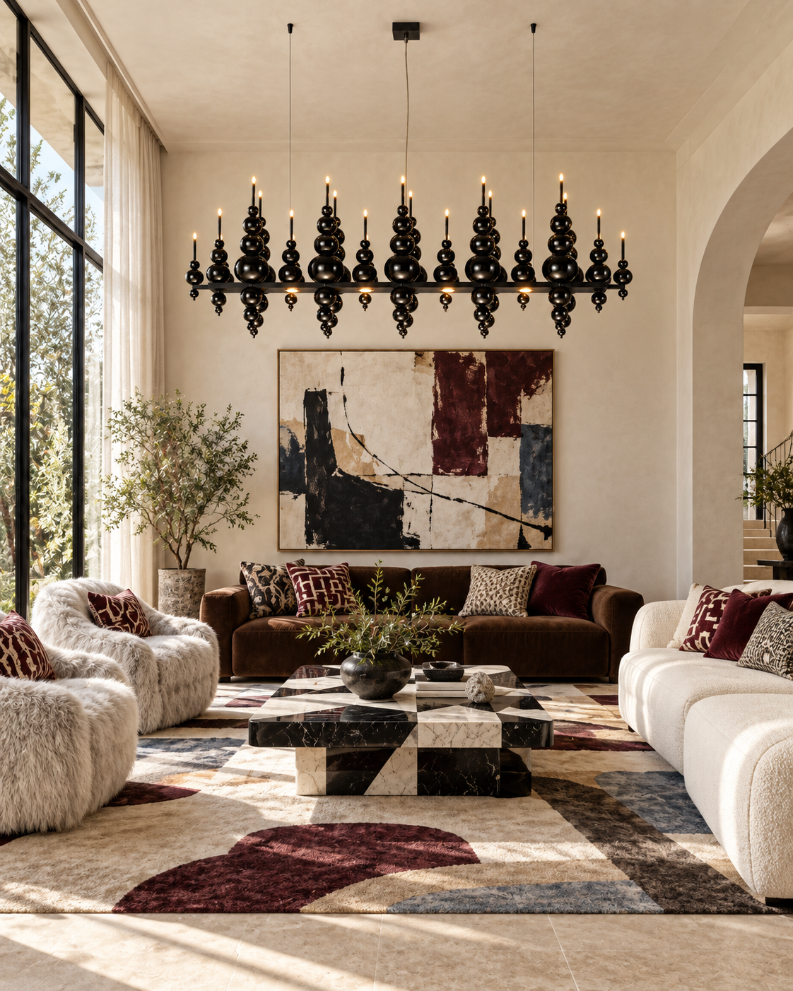The Checkmate Chandelier by The Qratist features handcrafted glass spheres arranged above and below a sculptural linear metal frame with warm ambient illumination.