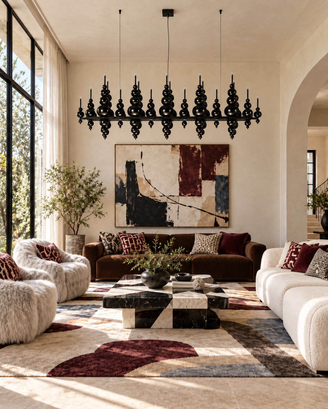The Checkmate Chandelier by The Qratist features handcrafted glass spheres arranged above and below a sculptural linear metal frame with warm ambient illumination.
