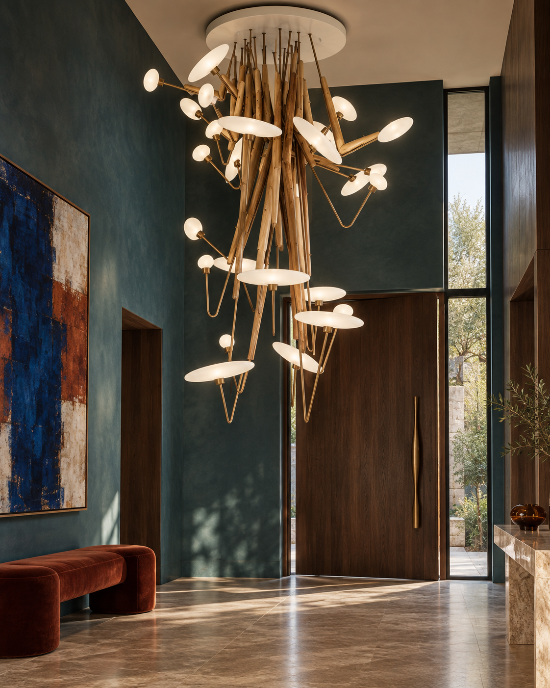 The Mikado Chandelier by The Qratist features polished teak, antique bronze stainless steel, and white frosted hand blown glass arranged in a dramatic cascading sculptural composition.