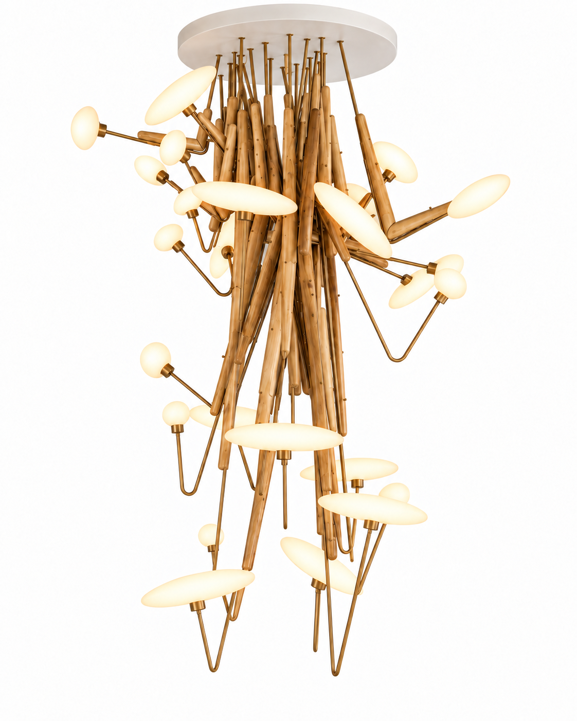 The Mikado Chandelier by The Qratist features polished teak, antique bronze stainless steel, and white frosted hand blown glass arranged in a dramatic cascading sculptural composition.