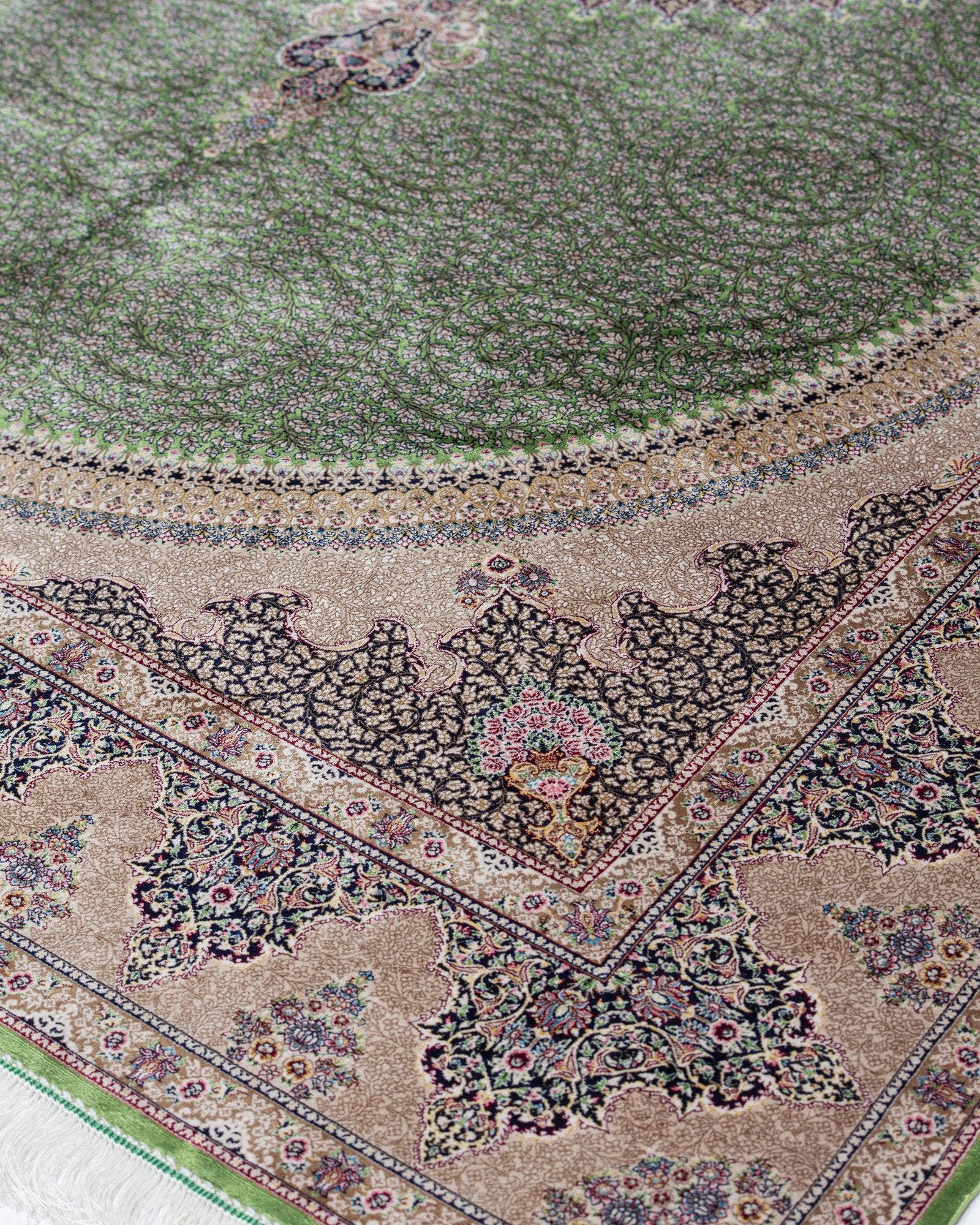 Verona silk carpet angled view showing sage green tones, 200 x 300 cm - Tabeer Homes Dubai