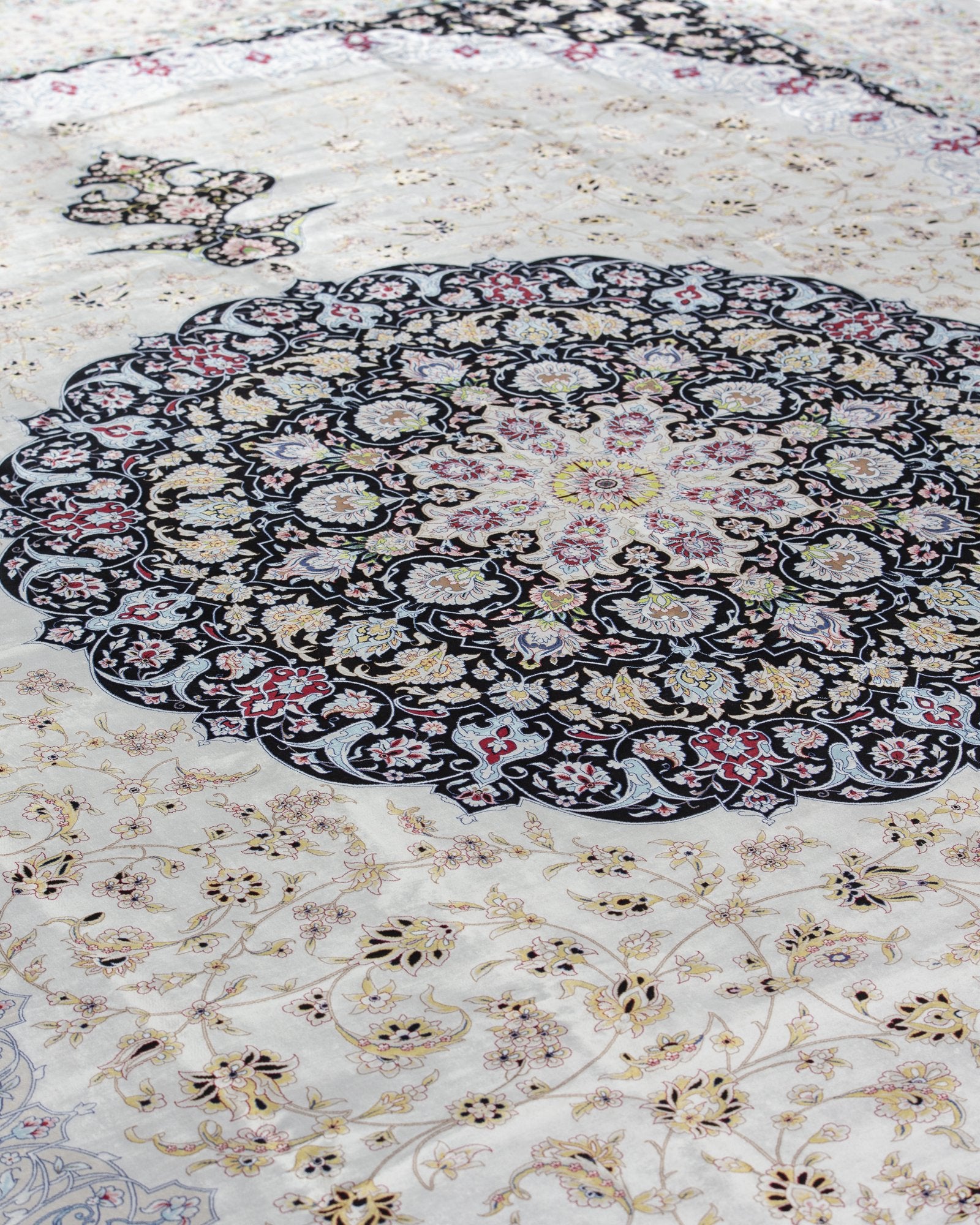 Yalda Persian silk carpet design detail in ivory and navy, 300 x 400 cm - Tabeer Homes Dubai