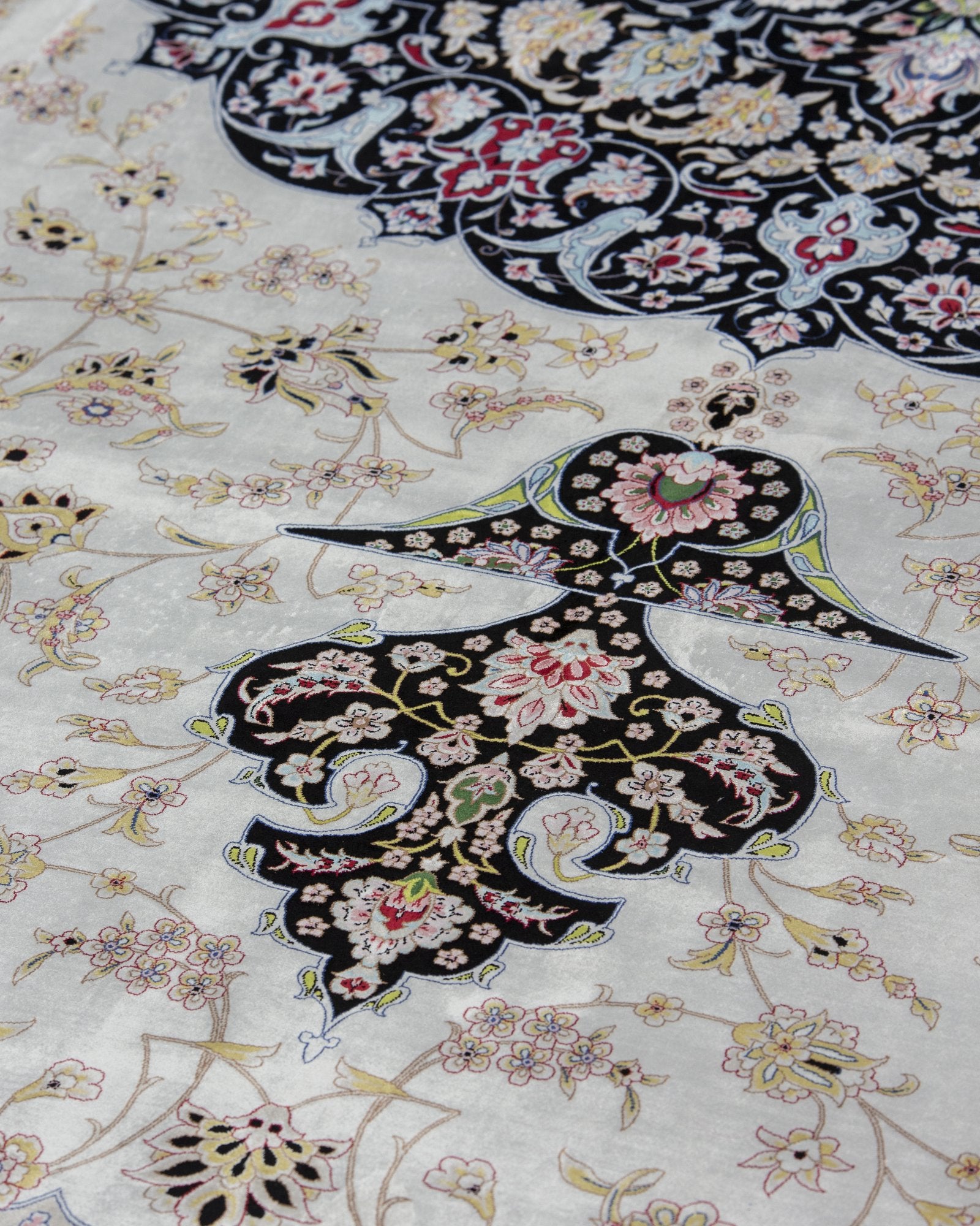 Yalda Persian silk rug pile texture and sheen, ivory and navy 300 x 400 cm - Tabeer Homes Dubai