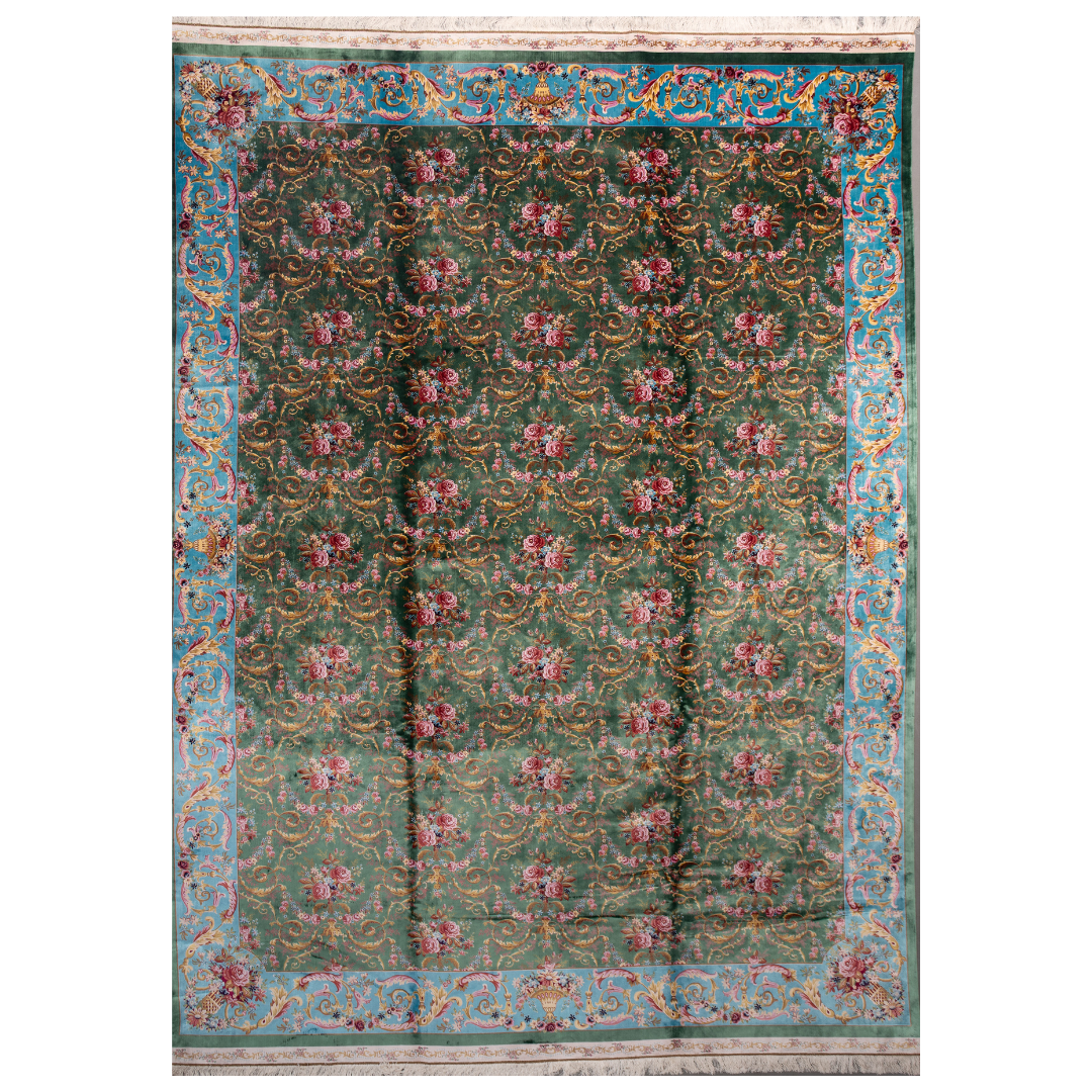 Green silk rug with detailed rose motifs and a turquoise border, featuring Persian-inspired floral designs and ornamental flourishes.