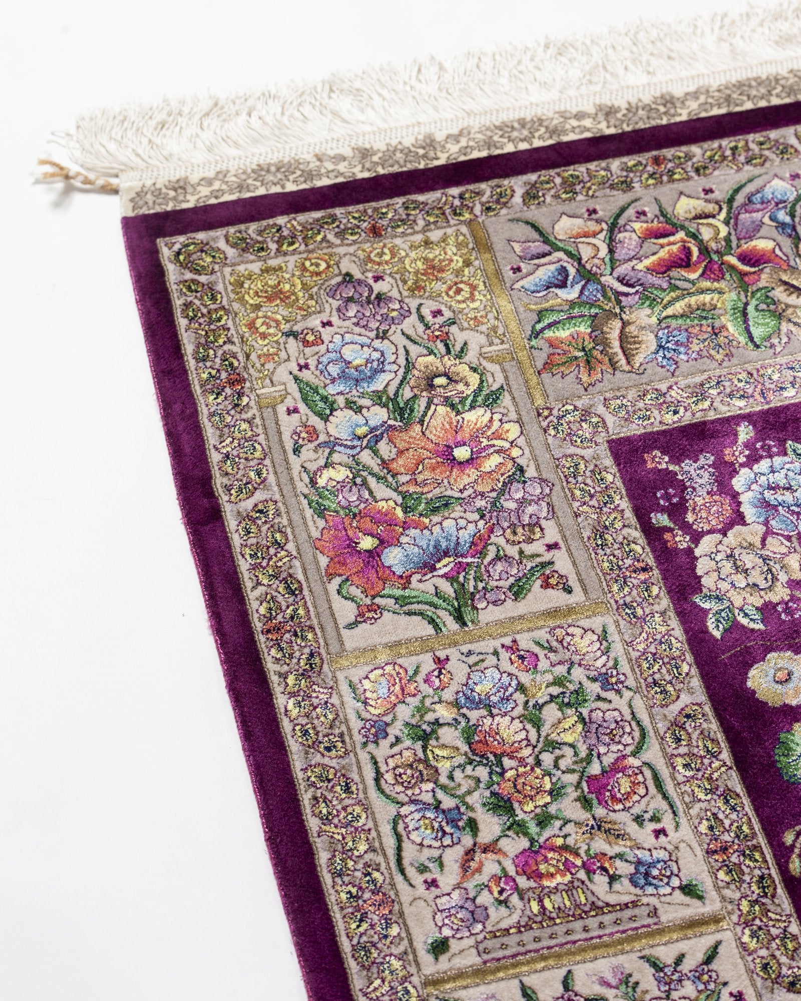 Yasmin Persian silk and wool carpet pile texture close-up, purple 225x150 cm - Tabeer Homes Dubai