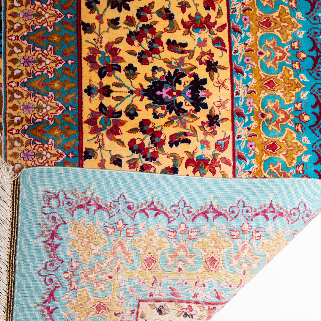 Luxurious 200x300 cm silk rug featuring a radiant blue and gold medallion design with intricate floral and geometric detailing.