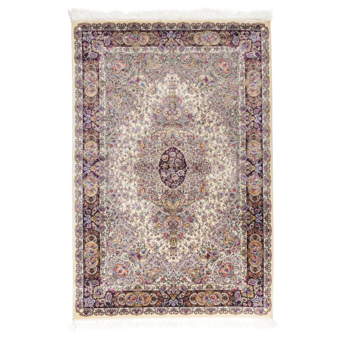 Zariah silk rug in ivory and purple with intricate floral design, handwoven with fine craftsmanship and premium detailing.