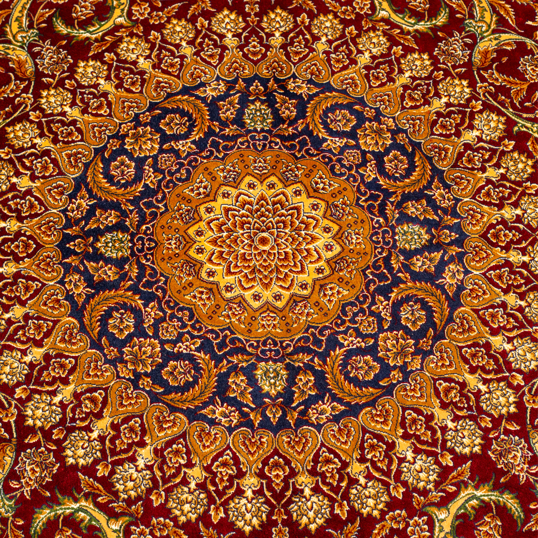 Zavira Silk Rug in 200x300 cm with crimson red base, ornate golden floral patterns, navy accents, and intricate woven detailing.
