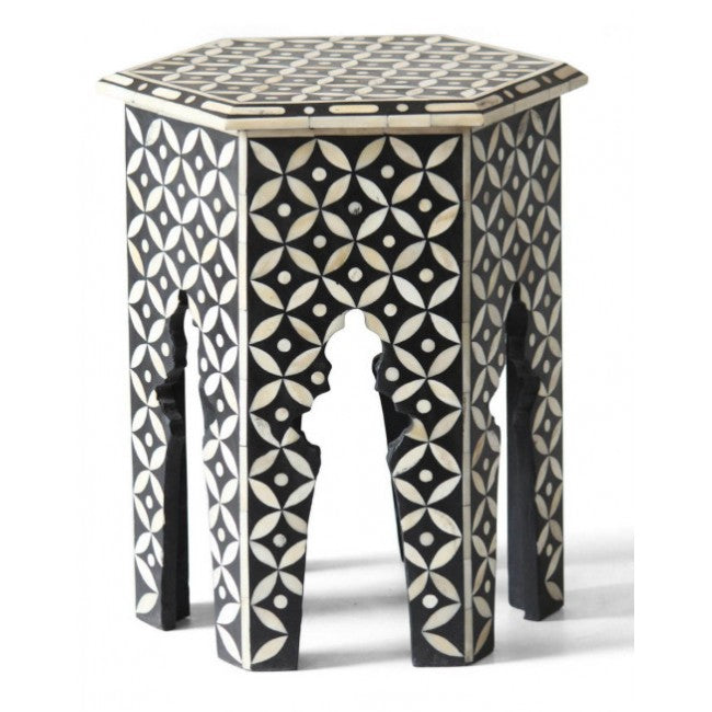 Yasmine Side Table - Black & White Bone Inlay - Tabeer Homes