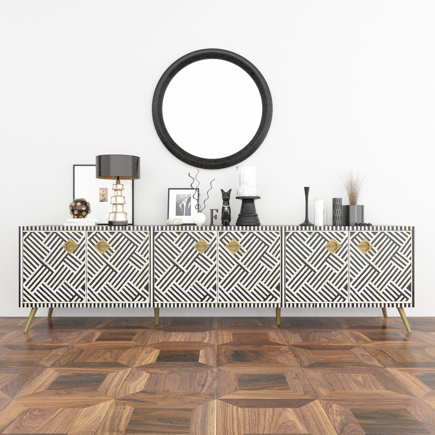 Handcrafted Black & White TV Unit Cabinet with intricate Bone inlay, featuring a striped pattern and sleek Metal legs. A luxurious storage solution for any space.