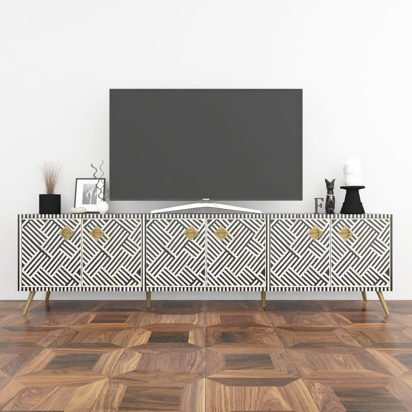 Handcrafted Black & White TV Unit Cabinet with intricate Bone inlay, featuring a striped pattern and sleek Metal legs. A luxurious storage solution for any space.