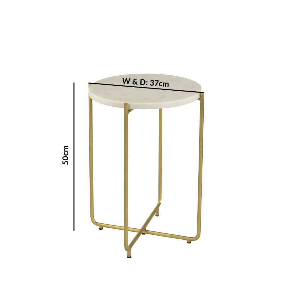 Marble side table featuring round white top with brass metal base, handcrafted furniture piece