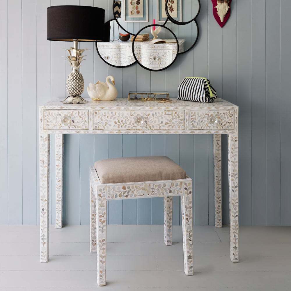 Iris Dresser Console & Stool - White Mother of Pearl - Tabeer Homes
