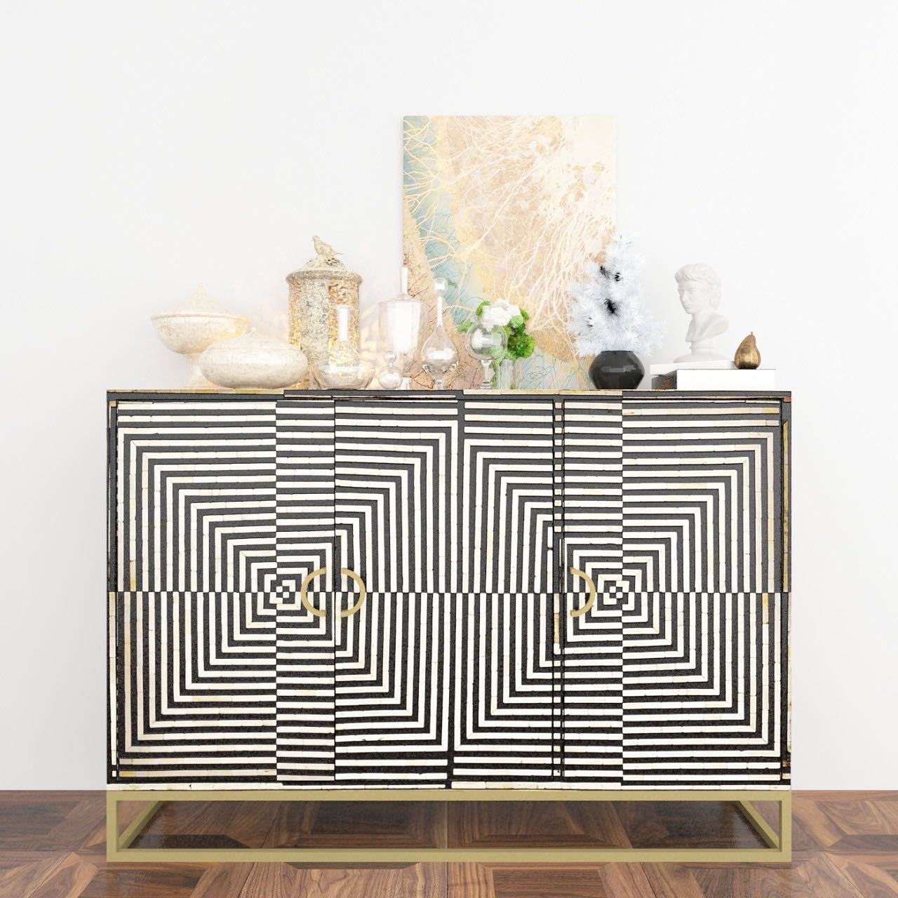 Lekh Cabinet - Black & White Bone Inlay - Tabeer Homes