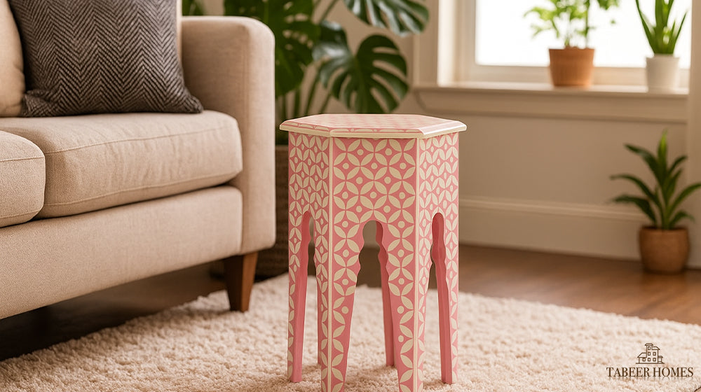 pink round side table
