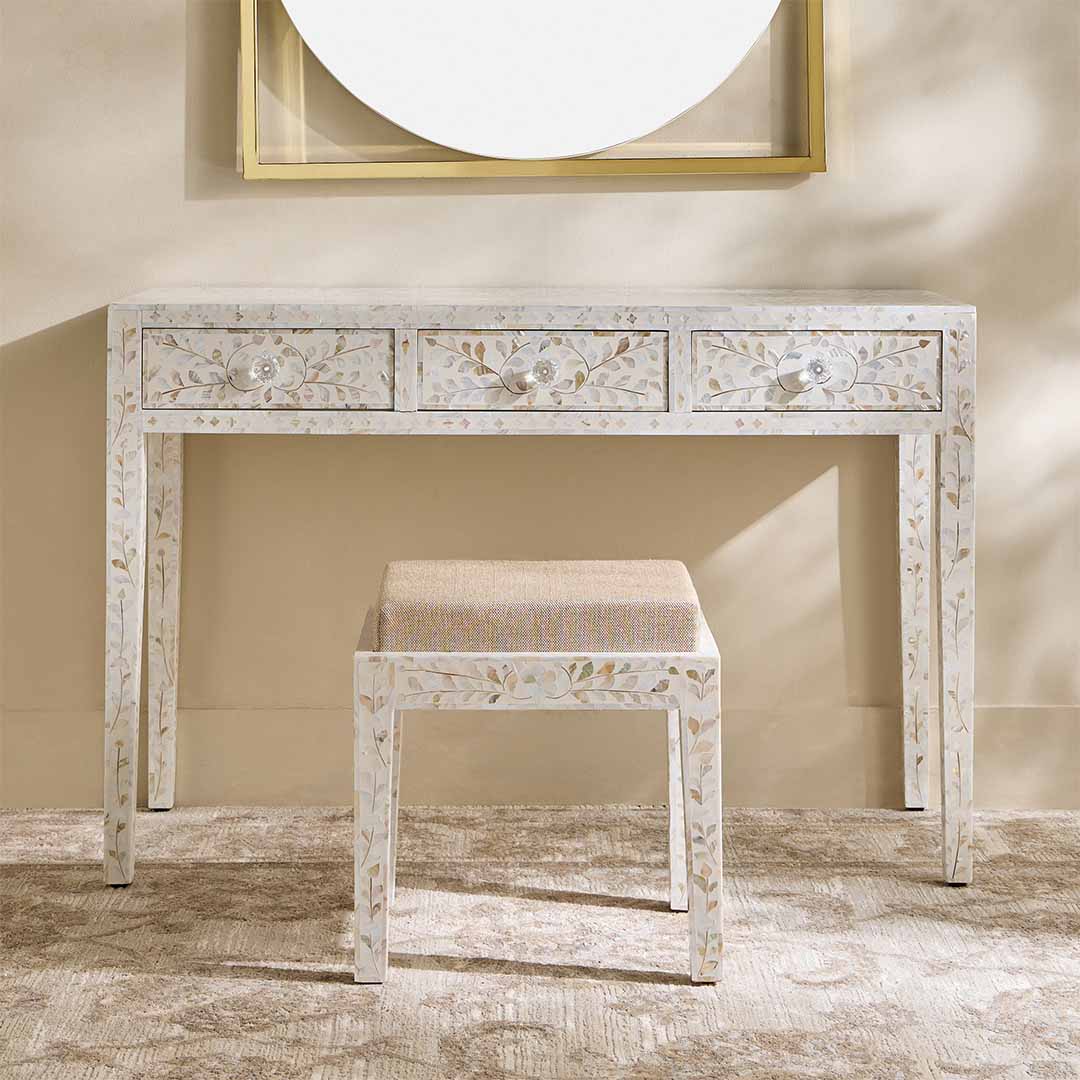 Iris Dresser Console & Stool - White Mother of Pearl - Tabeer Homes