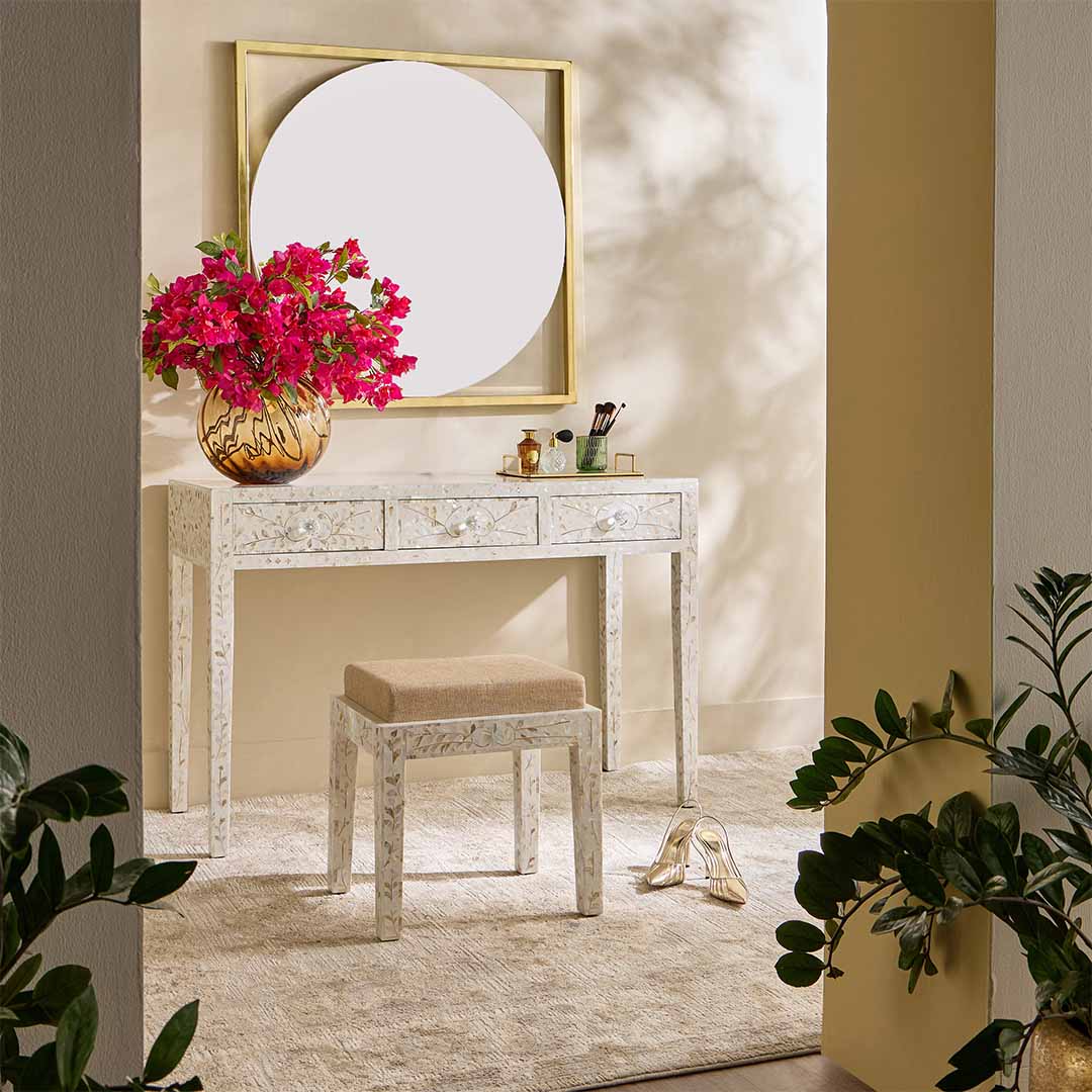 Iris Dresser Console & Stool - White Mother of Pearl - Tabeer Homes