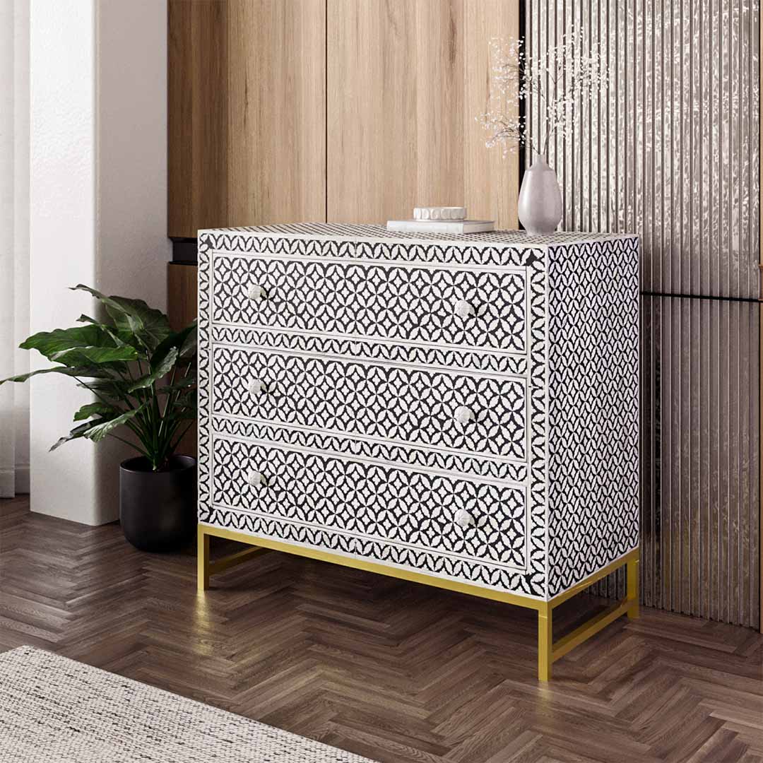 Yasmine Chest of Drawers - Black & White Bone Inlay - Tabeer Homes