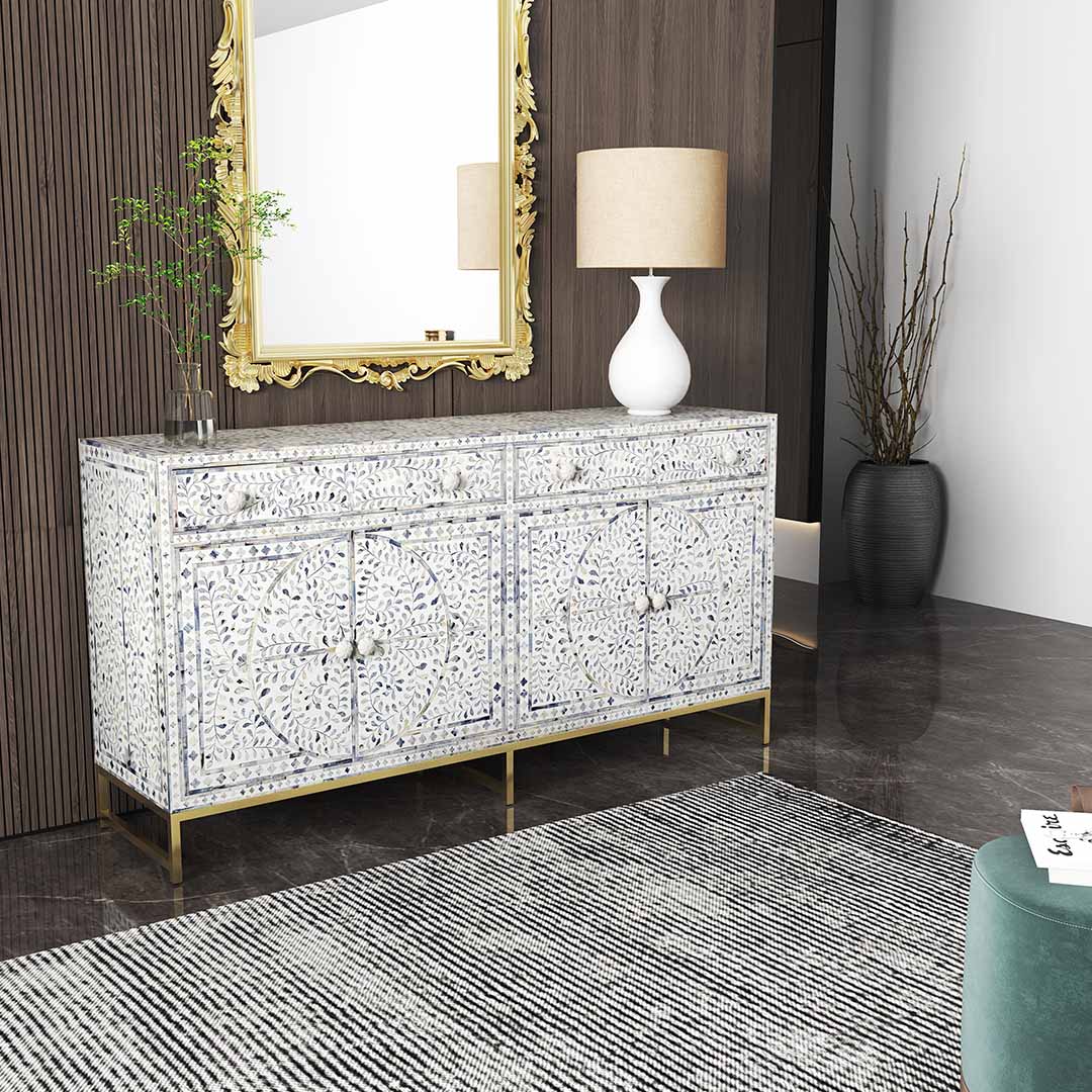 Jade sideboard buffet with blue bone inlay design, featuring intricate floral patterns and gold legs.