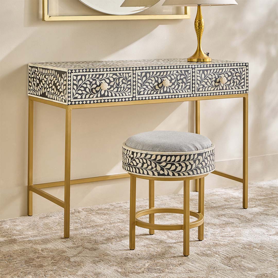 Seema Dresser Console & Stool - Black & White Bone Inlay - Tabeer Homes