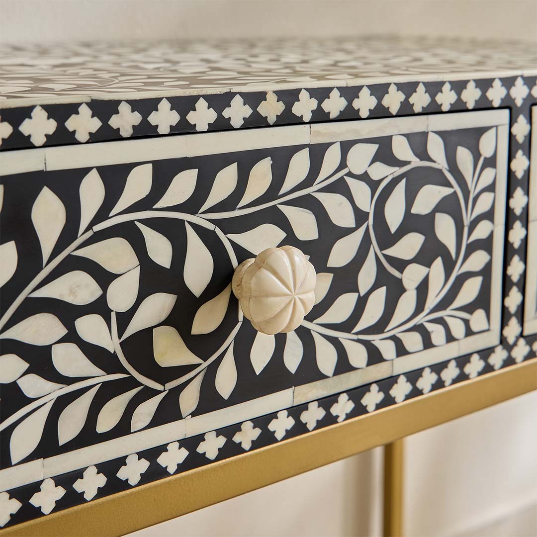 Seema Dresser Console & Stool - Black & White Bone Inlay - Tabeer Homes