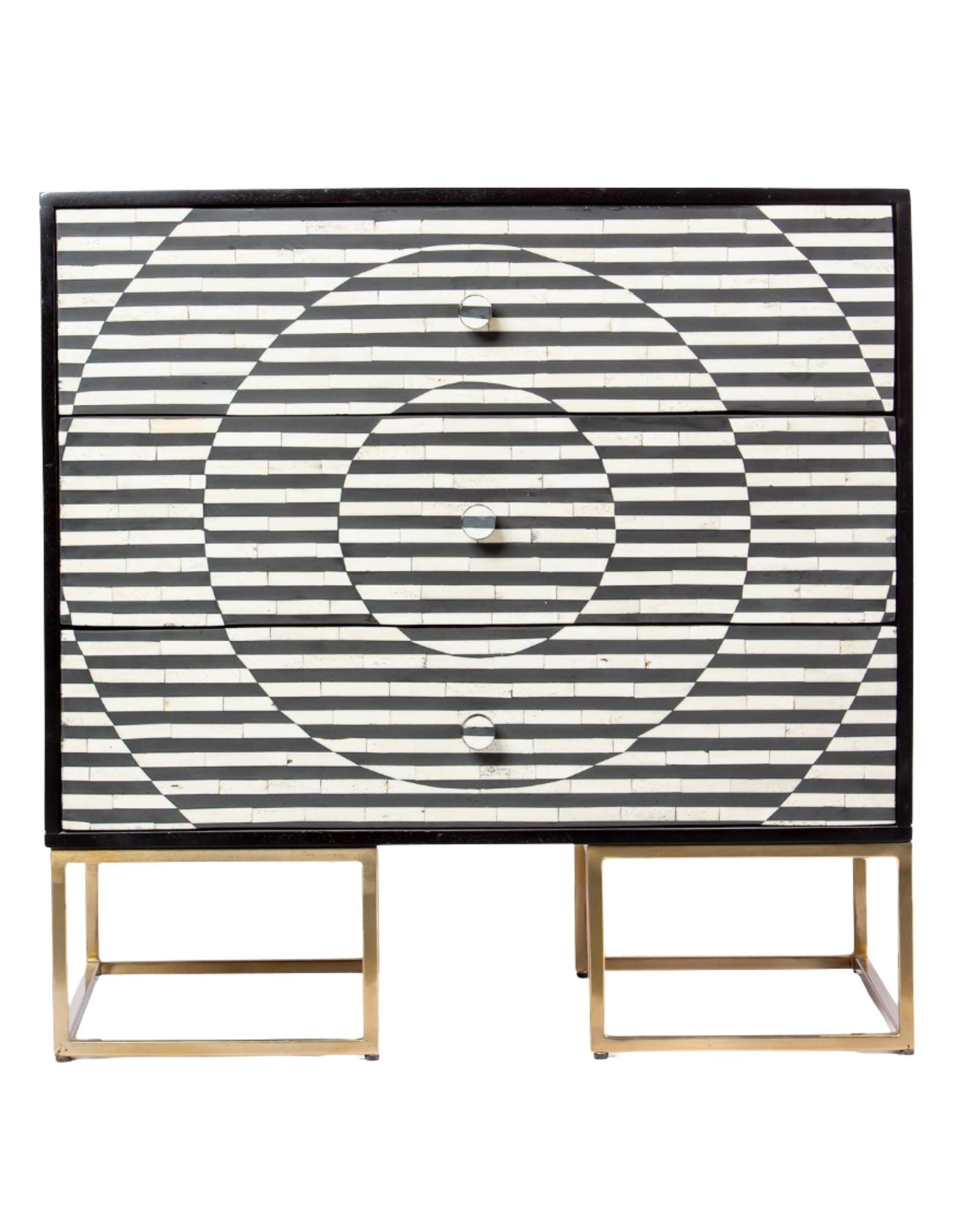 Black and white geometric bone inlay chest of drawers with gold base.