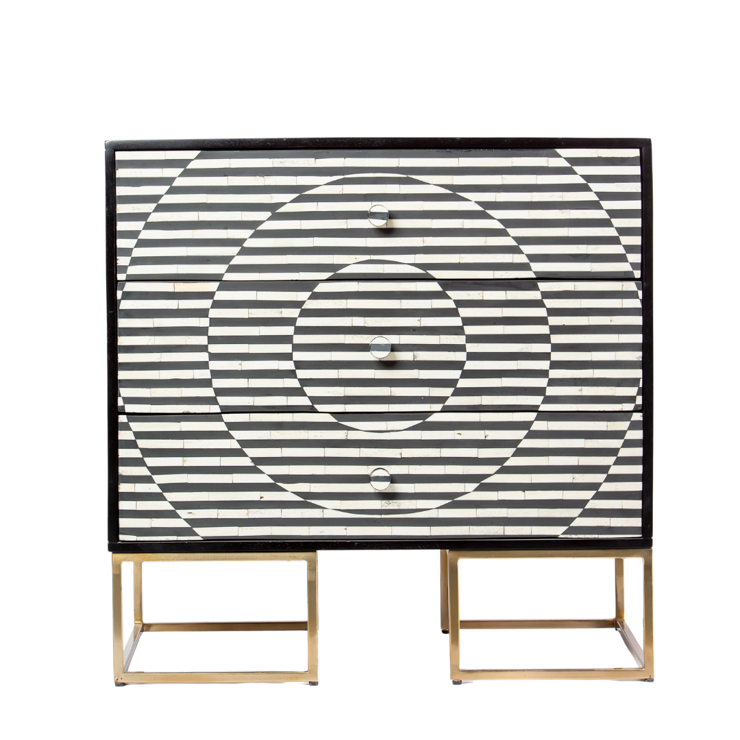 Black and white geometric bone inlay chest of drawers with gold base