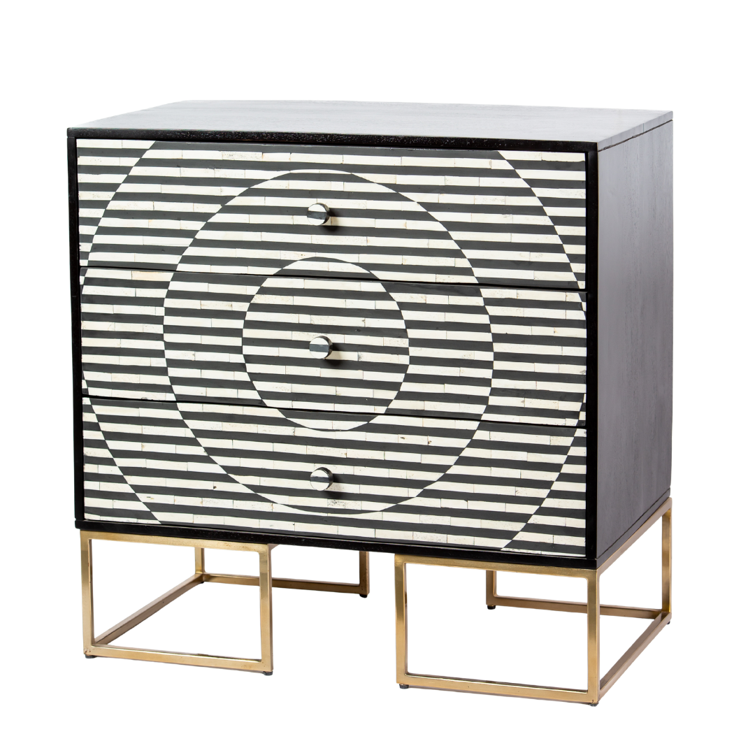 Black and white geometric bone inlay chest of drawers with gold base