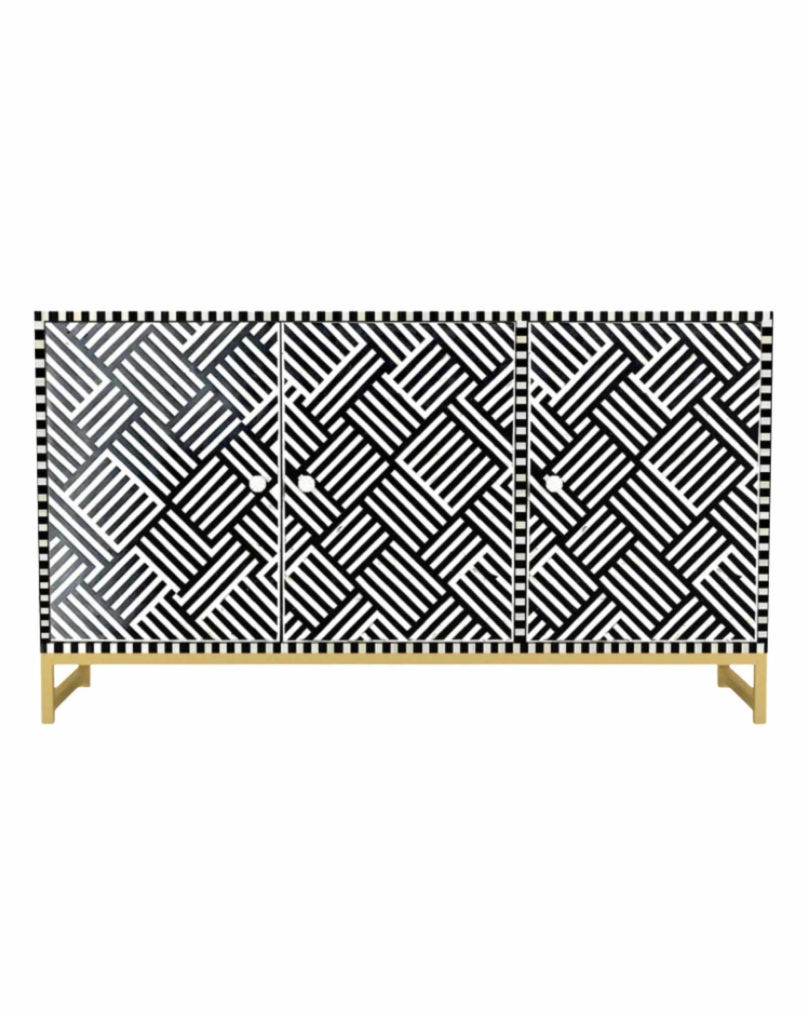 Handcrafted black & white cabinet with intricate bone inlay, featuring a striped pattern and sleek metal legs. A luxurious storage solution for any space. 