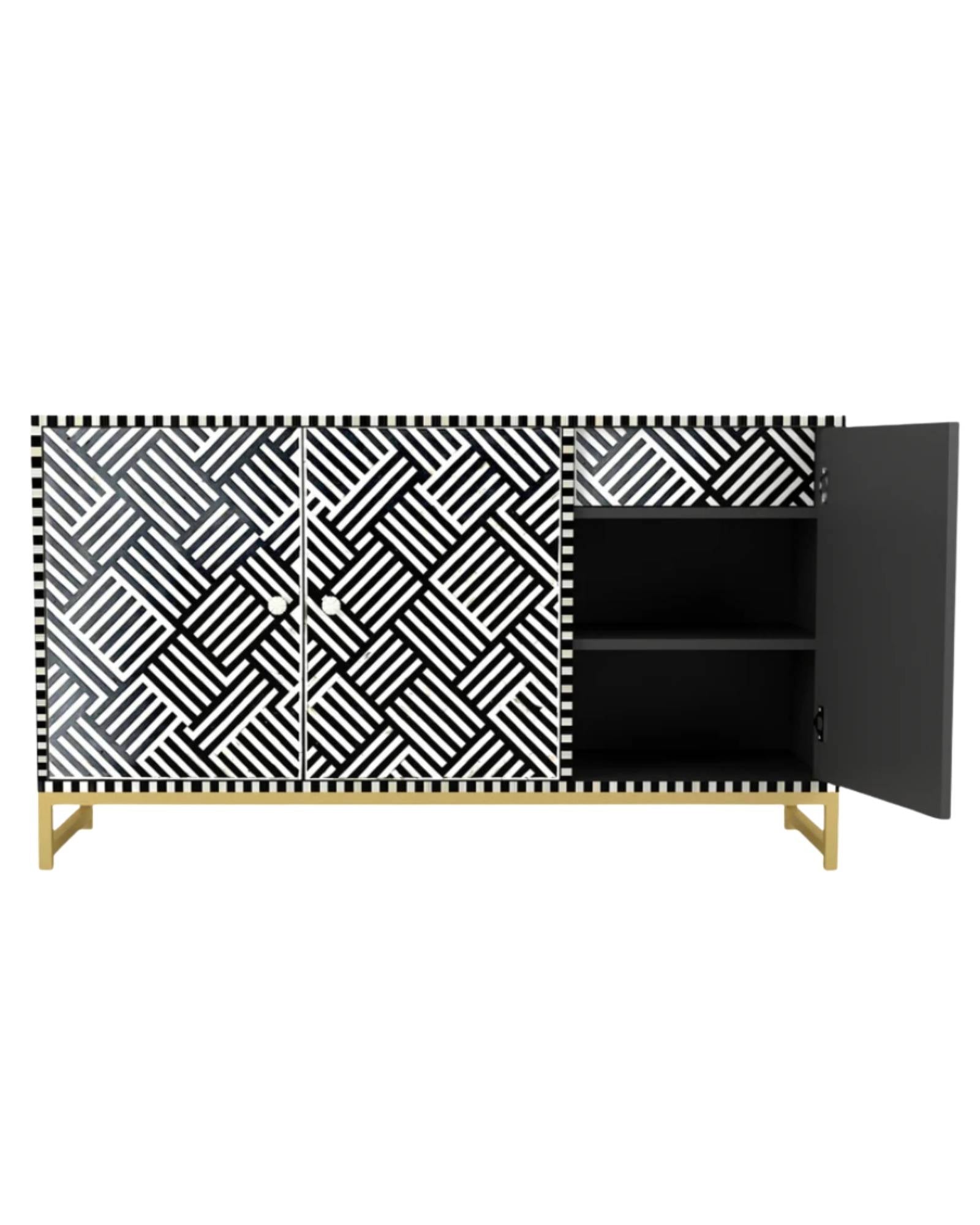 Handcrafted black & white cabinet with intricate bone inlay, featuring a striped pattern and sleek metal legs. A luxurious storage solution for any space. 