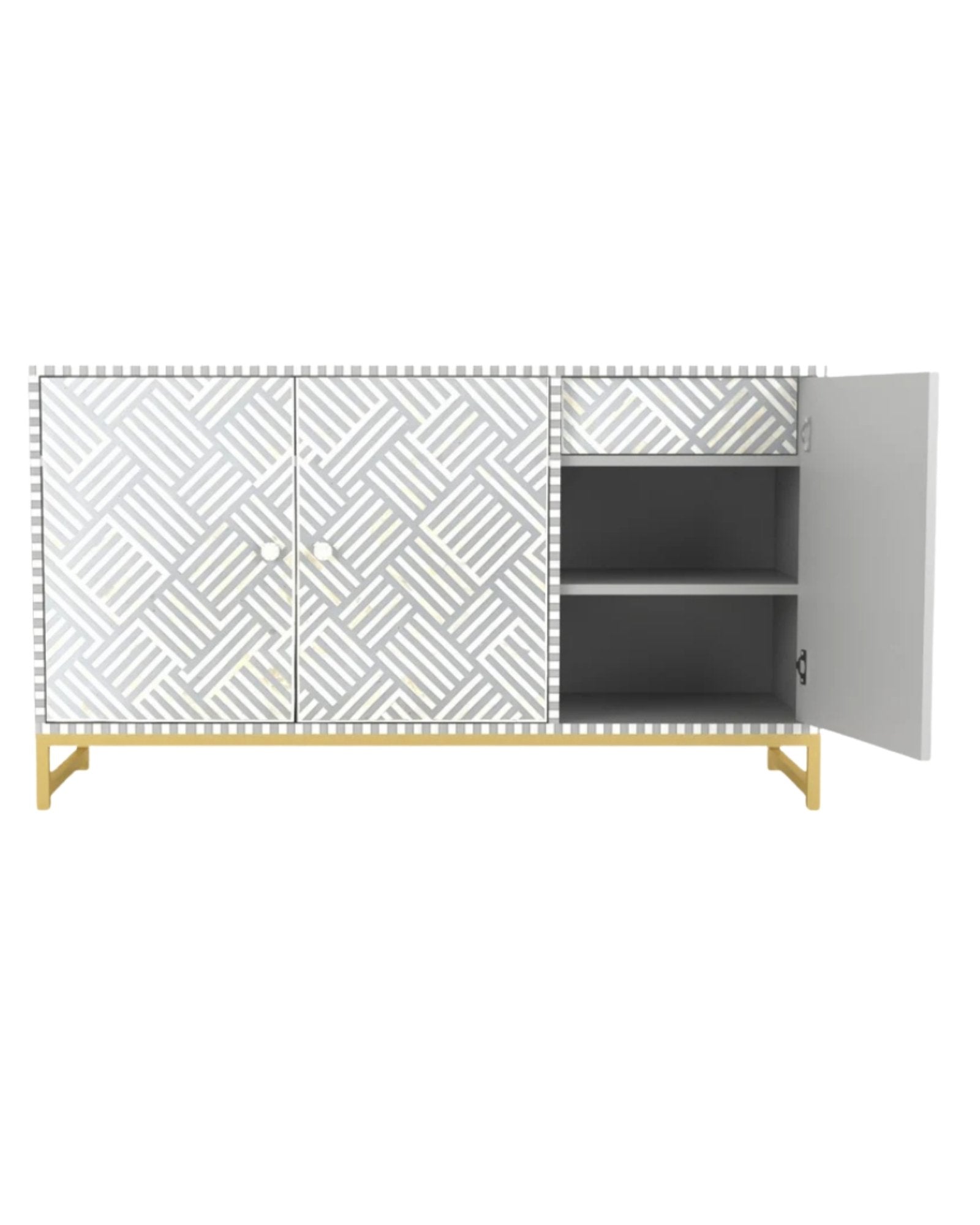 Handcrafted Grey Cabinet with intricate Bone inlay, featuring a striped pattern and sleek Metal legs. A luxurious storage solution for any space.