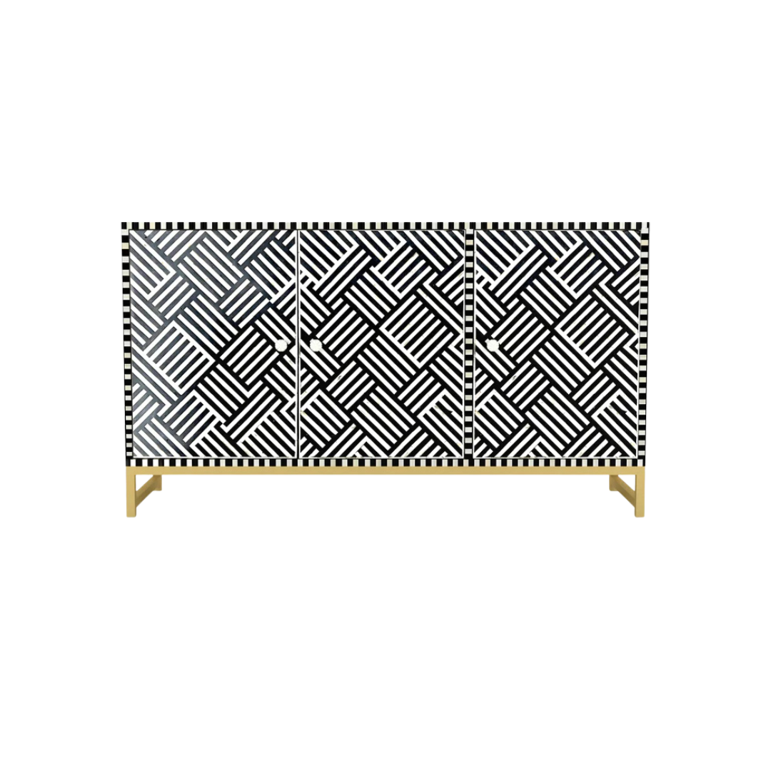 Handcrafted black & white cabinet with intricate bone inlay, featuring a striped pattern and sleek metal legs. A luxurious storage solution for any space. 
