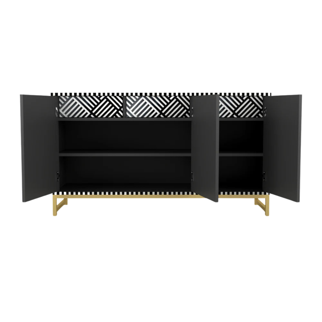 Handcrafted black & white cabinet with intricate bone inlay, featuring a striped pattern and sleek metal legs. A luxurious storage solution for any space. 
