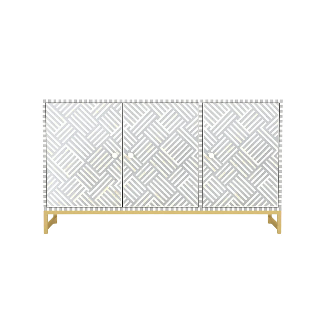 Handcrafted Grey Cabinet with intricate Bone inlay, featuring a striped pattern and sleek Metal legs. A luxurious storage solution for any space.