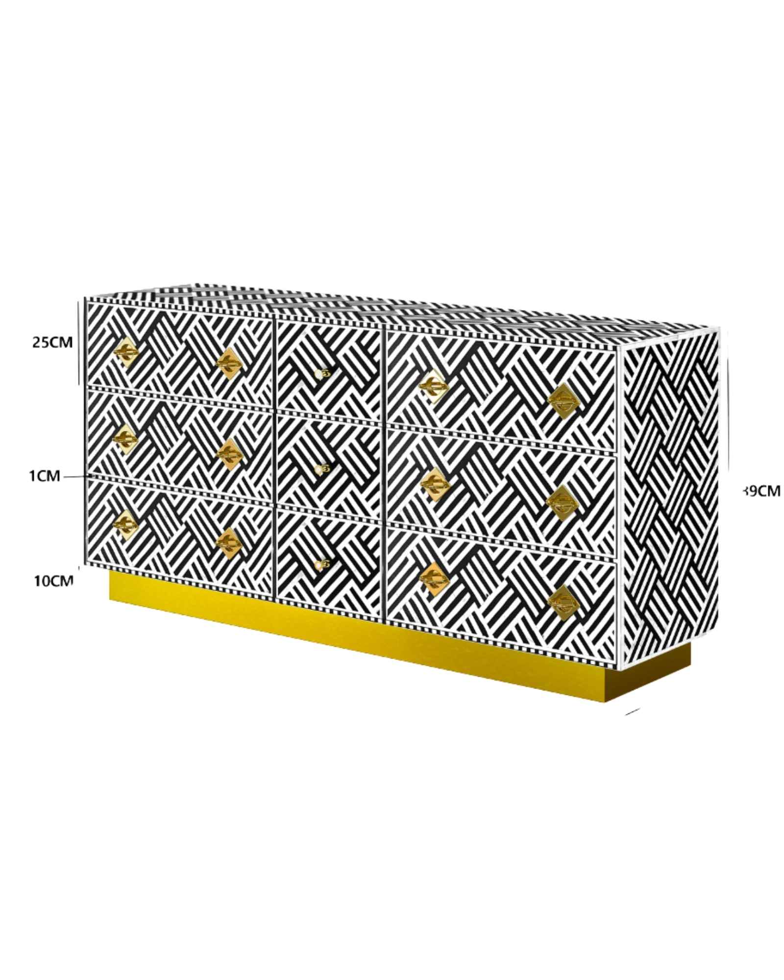 Luxury black and white bone inlay chest of drawers with brass accents and geometric design, handcrafted for statement interiors.