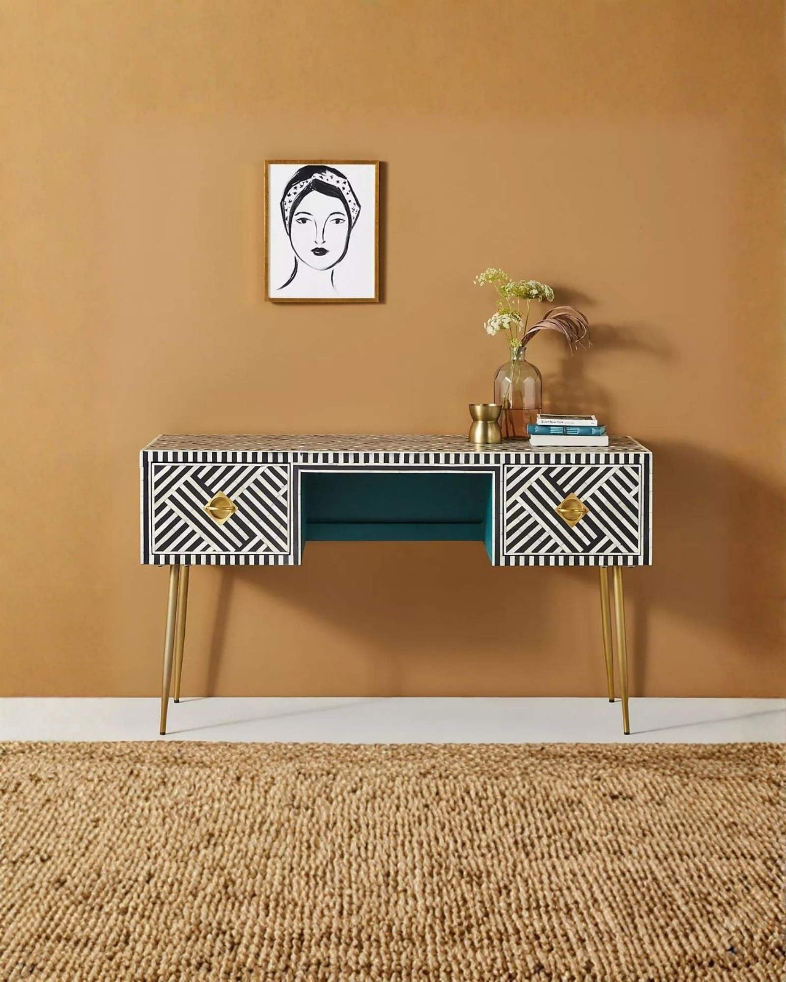 Ameerah Console Desk - Black & White Bone Inlay - Tabeer Homes