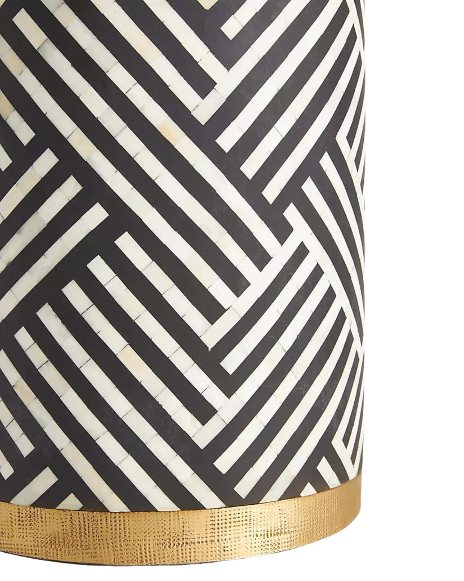 Black bone inlay side table with bold striped pattern, handcrafted with a brass base accent, ideal for modern interiors.