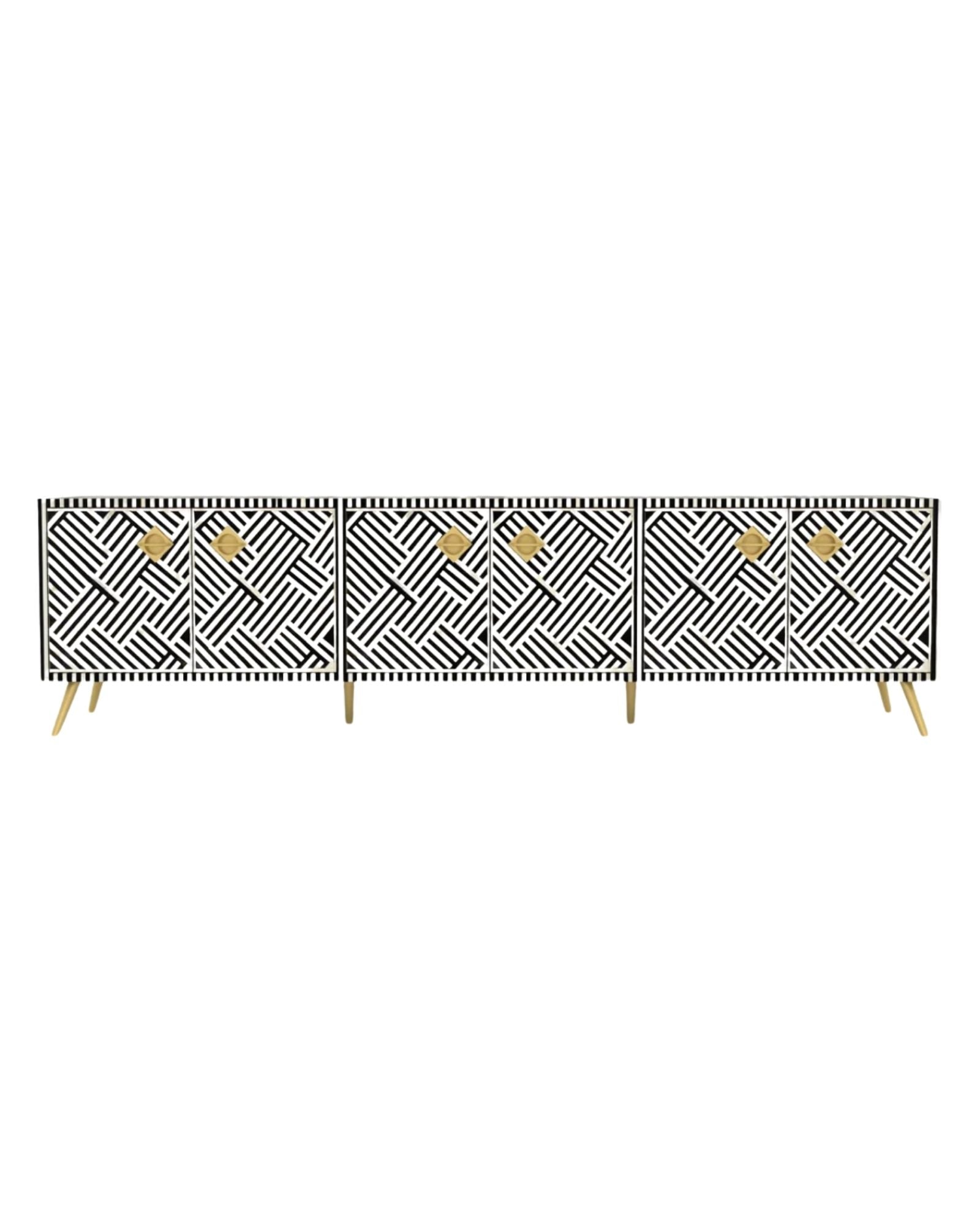 Handcrafted Black & White TV Unit Cabinet with intricate Bone inlay, featuring a striped pattern and sleek Metal legs. A luxurious storage solution for any space.