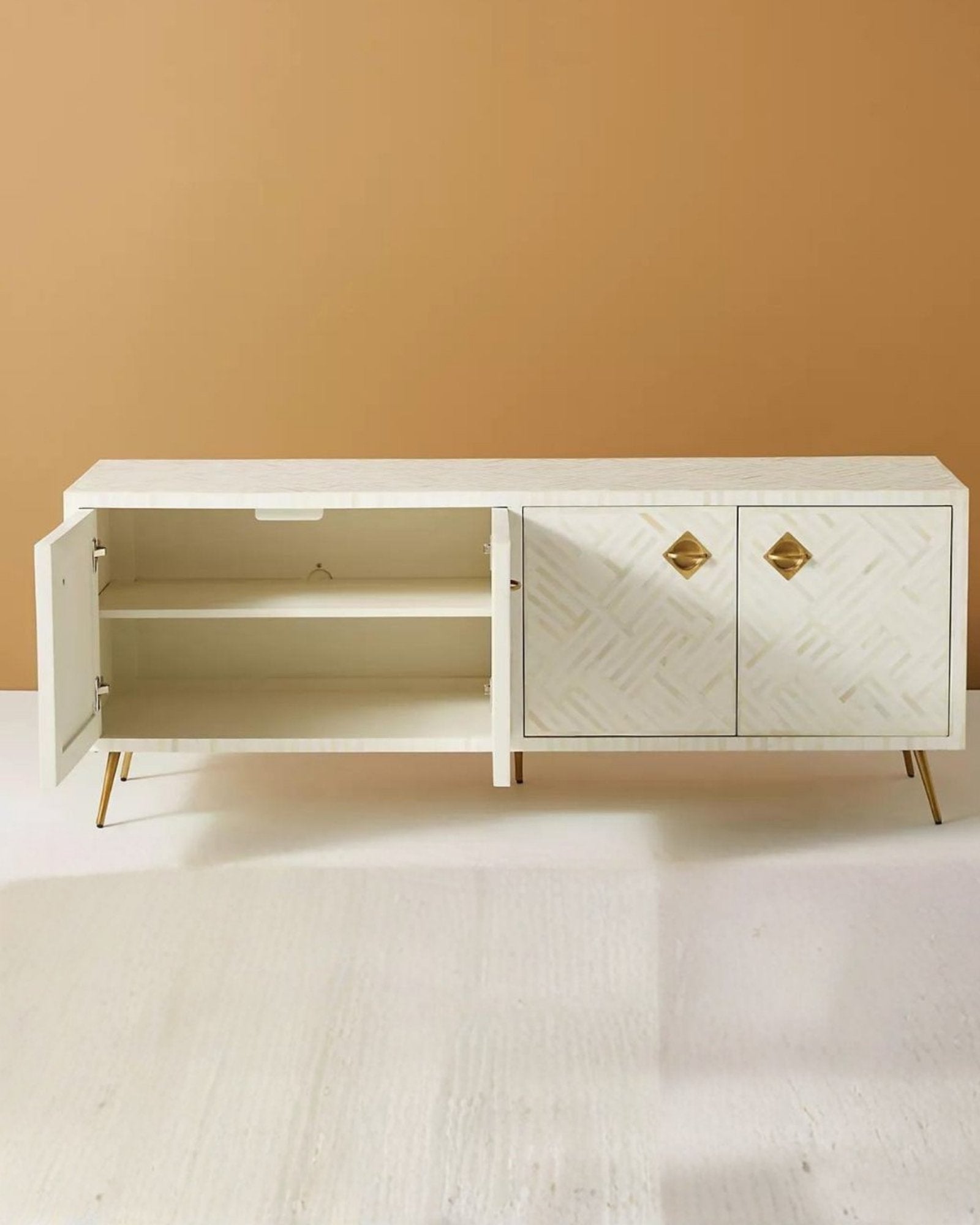 Ameerah TV Unit Cabinet - White Bone Inlay - Tabeer Homes