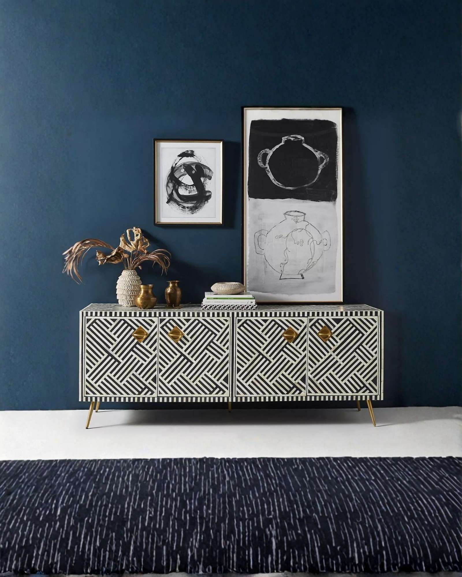 Ameerah TV Unit Cabinet - Black & White Bone Inlay - Tabeer Homes