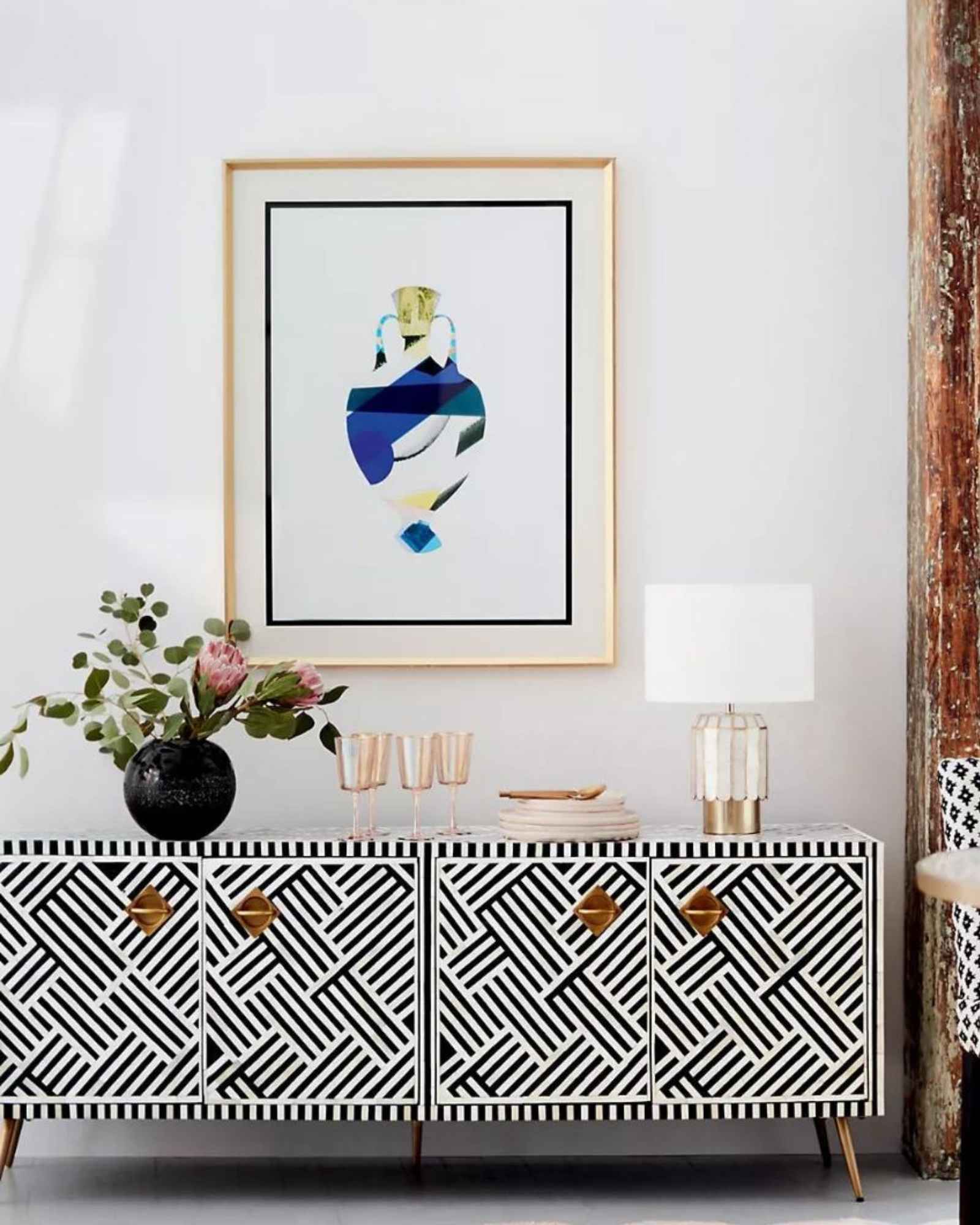 Ameerah TV Unit Cabinet - Black & White Bone Inlay - Tabeer Homes