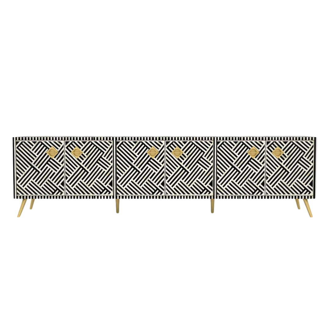 Handcrafted Black & White TV Unit Cabinet with intricate Bone inlay, featuring a striped pattern and sleek Metal legs. A luxurious storage solution for any space.
