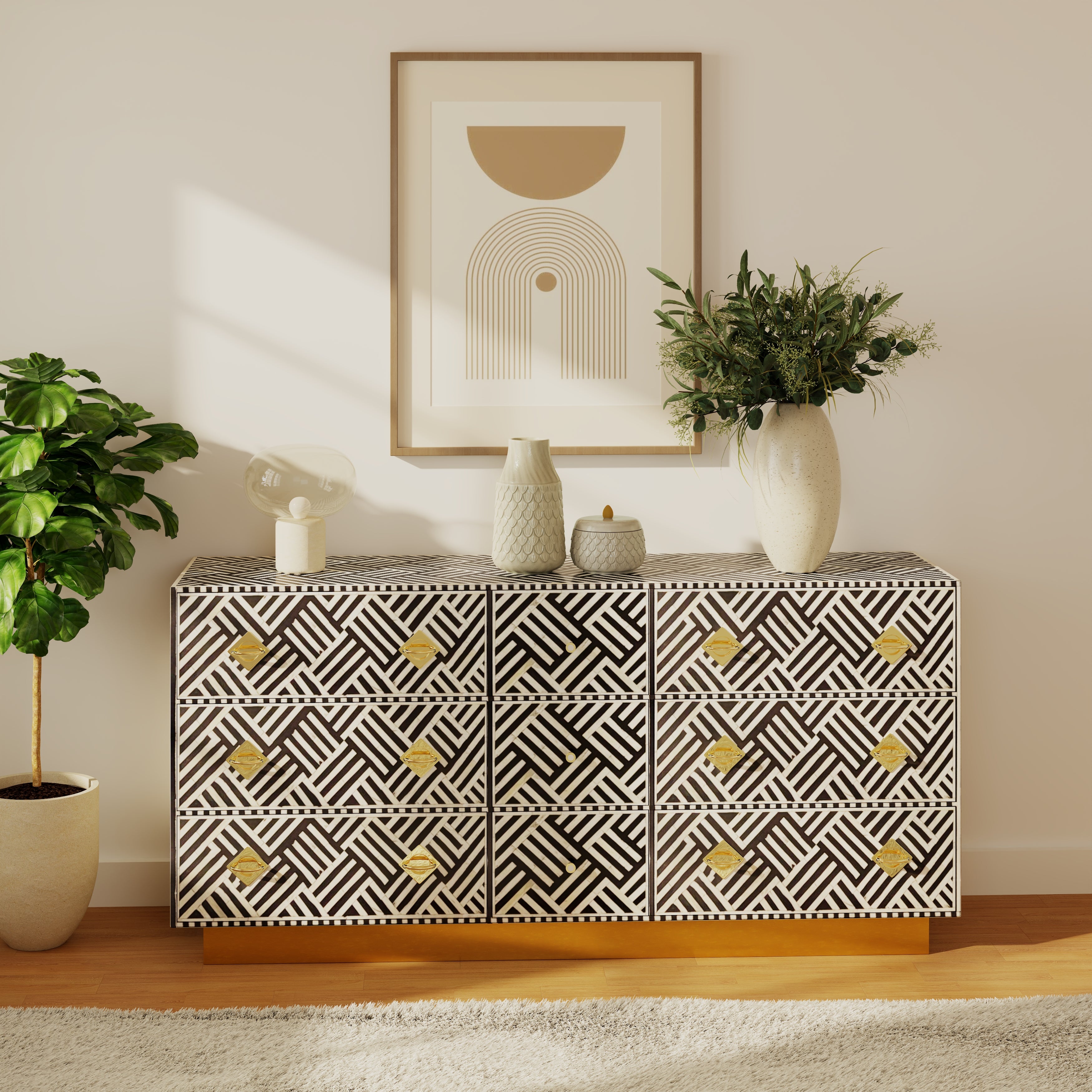 Luxury black and white bone inlay chest of drawers with brass accents and geometric design, handcrafted for statement interiors.