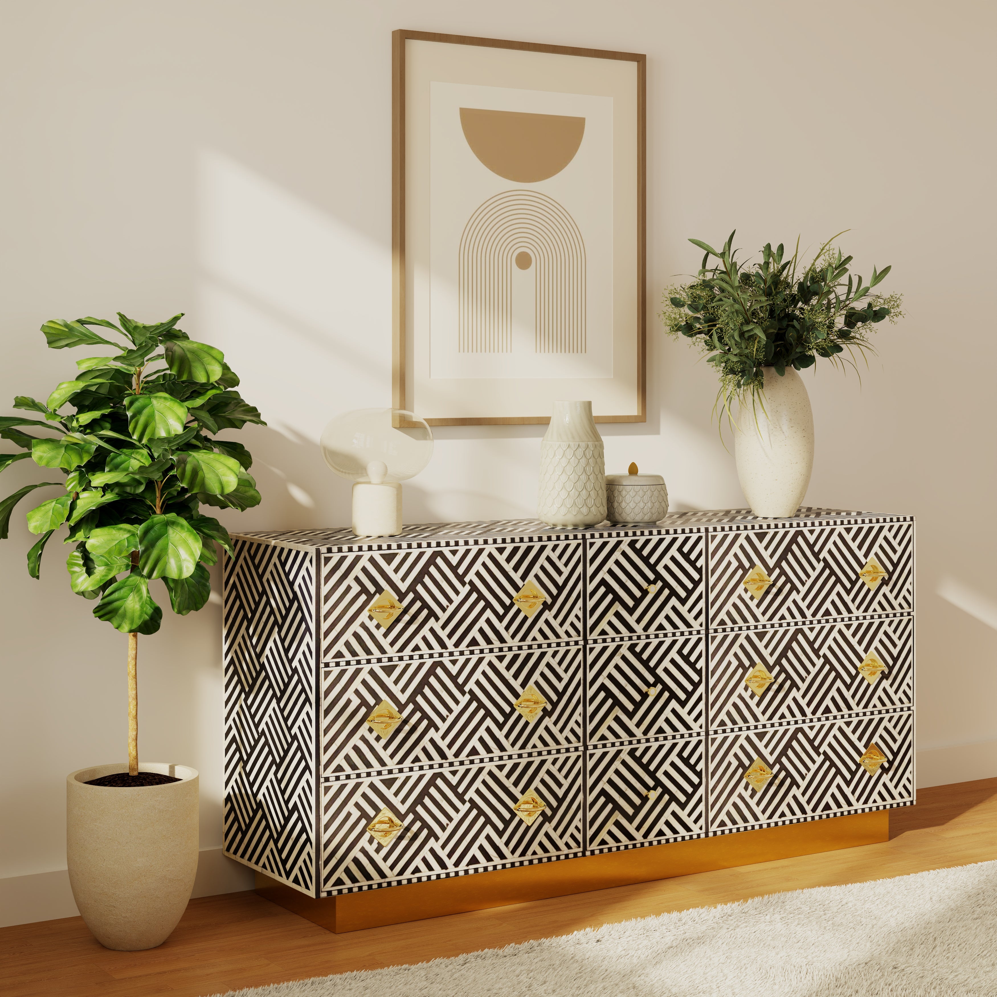 Luxury black and white bone inlay chest of drawers with brass accents and geometric design, handcrafted for statement interiors.