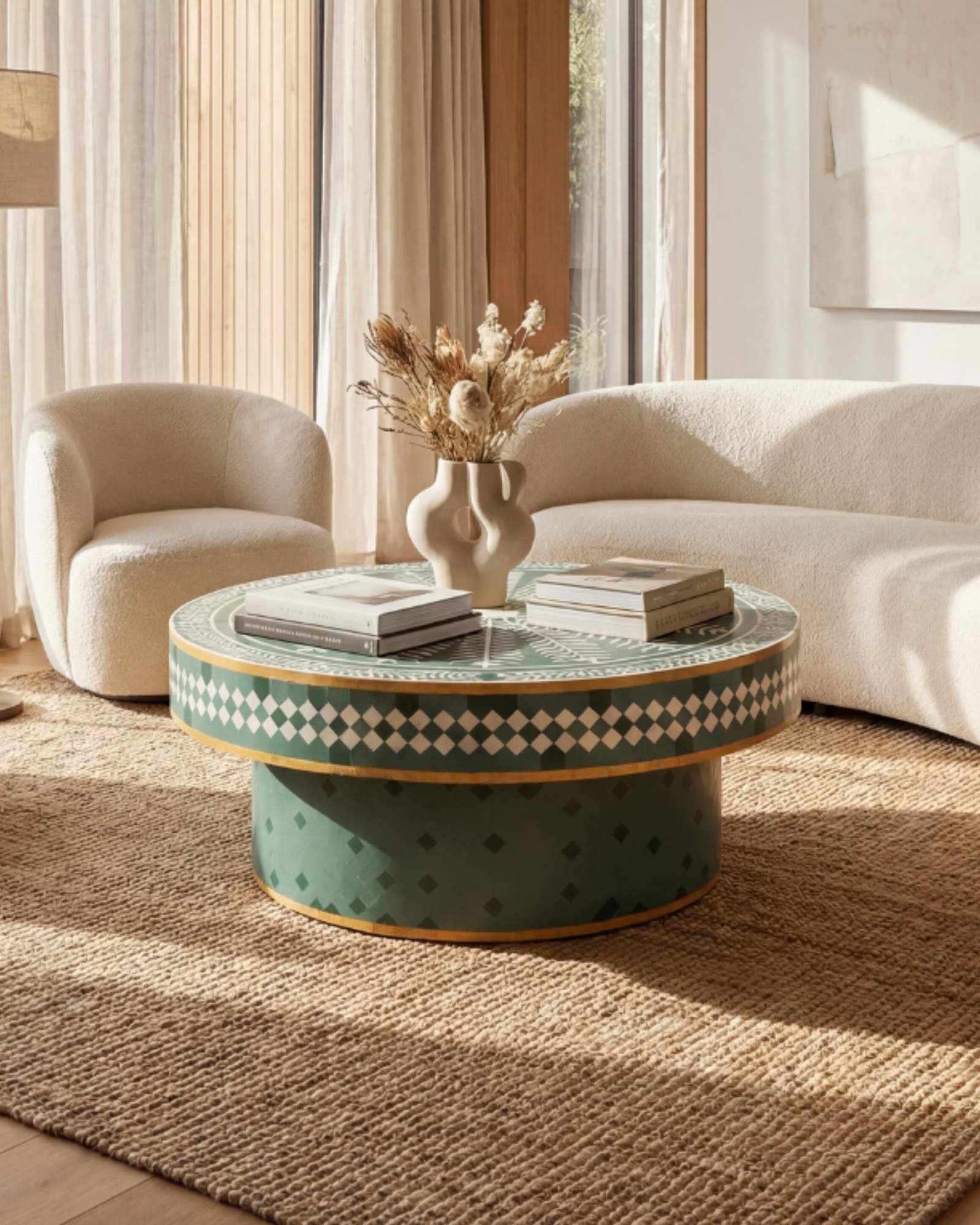 Bone inlay coffee table featuring intricate radial floral pattern in green and white, handcrafted furniture piece.