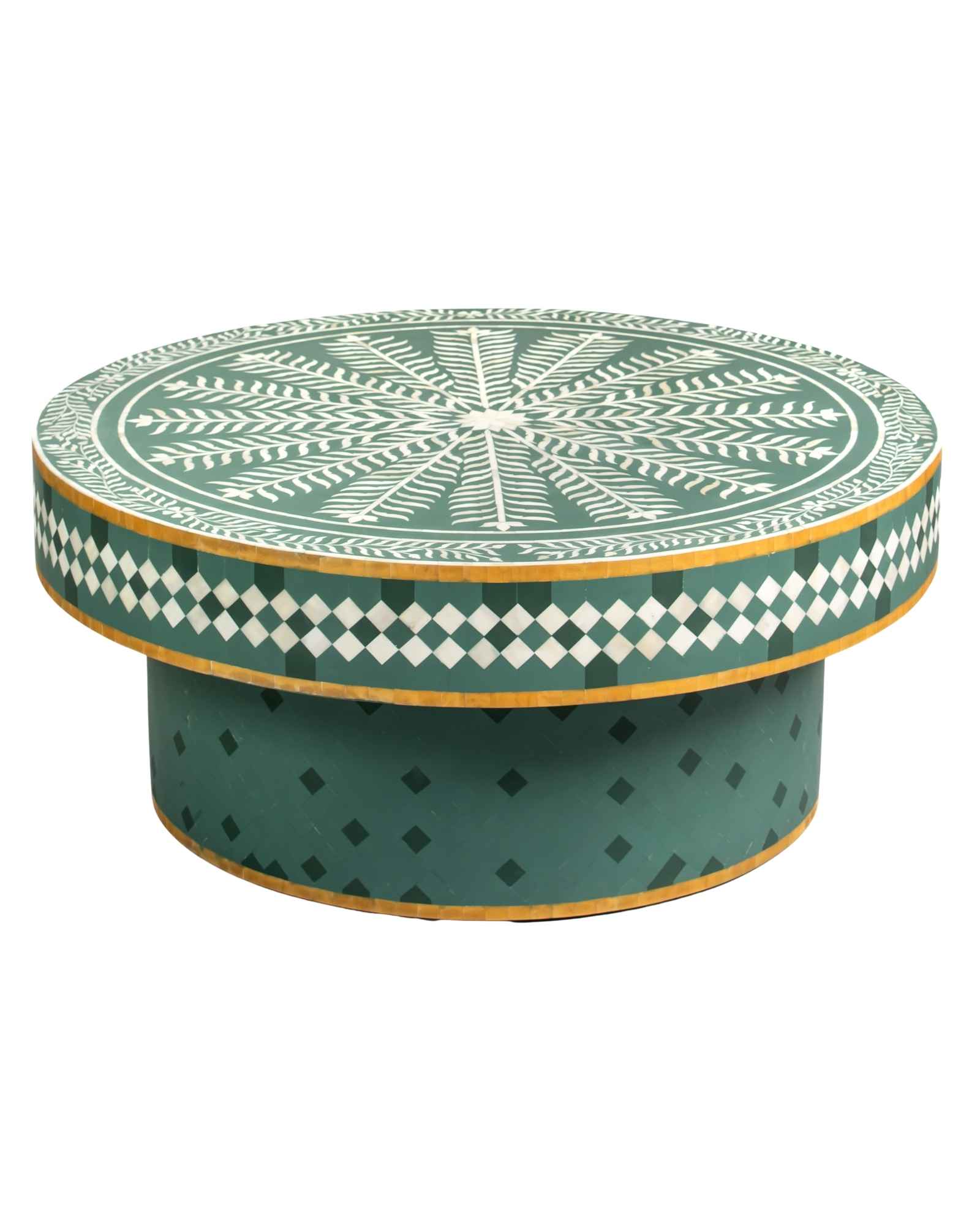 Bone inlay coffee table featuring intricate radial floral pattern in green and white, handcrafted furniture piece.