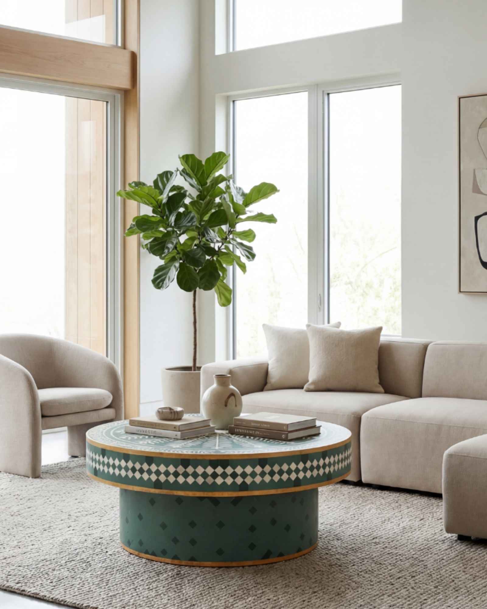 Bone inlay coffee table featuring intricate radial floral pattern in green and white, handcrafted furniture piece.